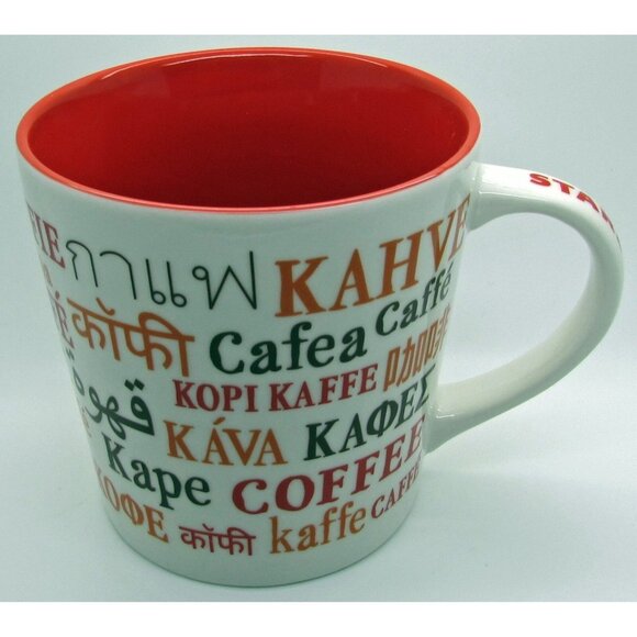 Starbucks International Languages Coffee Kaffe Koffie Mug 16oz 2008 Orange White - Picture 3 of 5